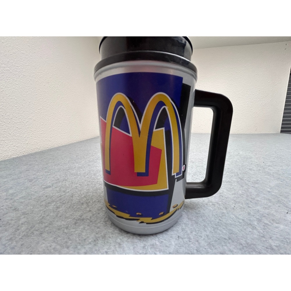 Vintage McDonalds Coca-Cola Whirley Thermo Travel Mug 16oz Silver Blue 90s